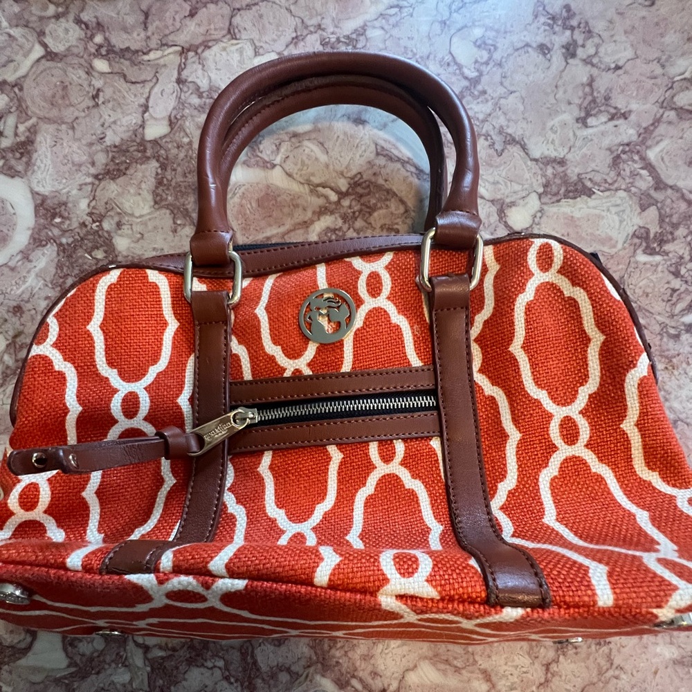 Sallie Ann Orange & Cream Geometric Pattern Linen and Leather Bag